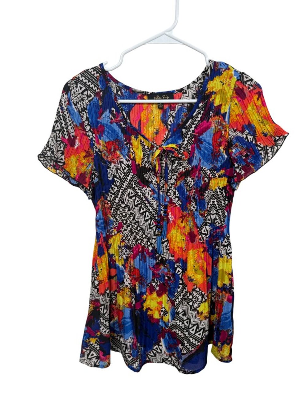 Melissa Paige Top Blouse M Blue Black Multicolor Pleated Business Casual